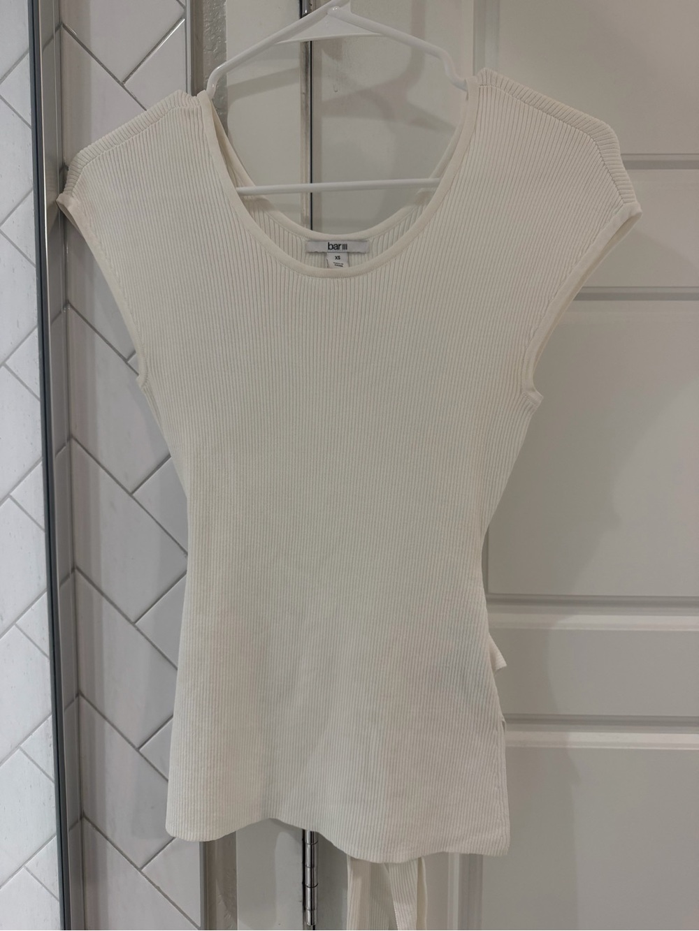 Bar III Cream White Ribbed Cap-Sleeve Tank T Shirt Top Tie Back Detail XS